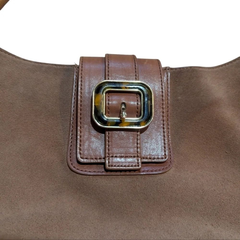 Talbots Camel Tan Leather Suede Hobo Bag Tortoiseshell Buckle Neutral